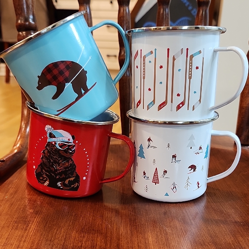 Plaid Bear Enamel Mug Set - Red, Blue, White